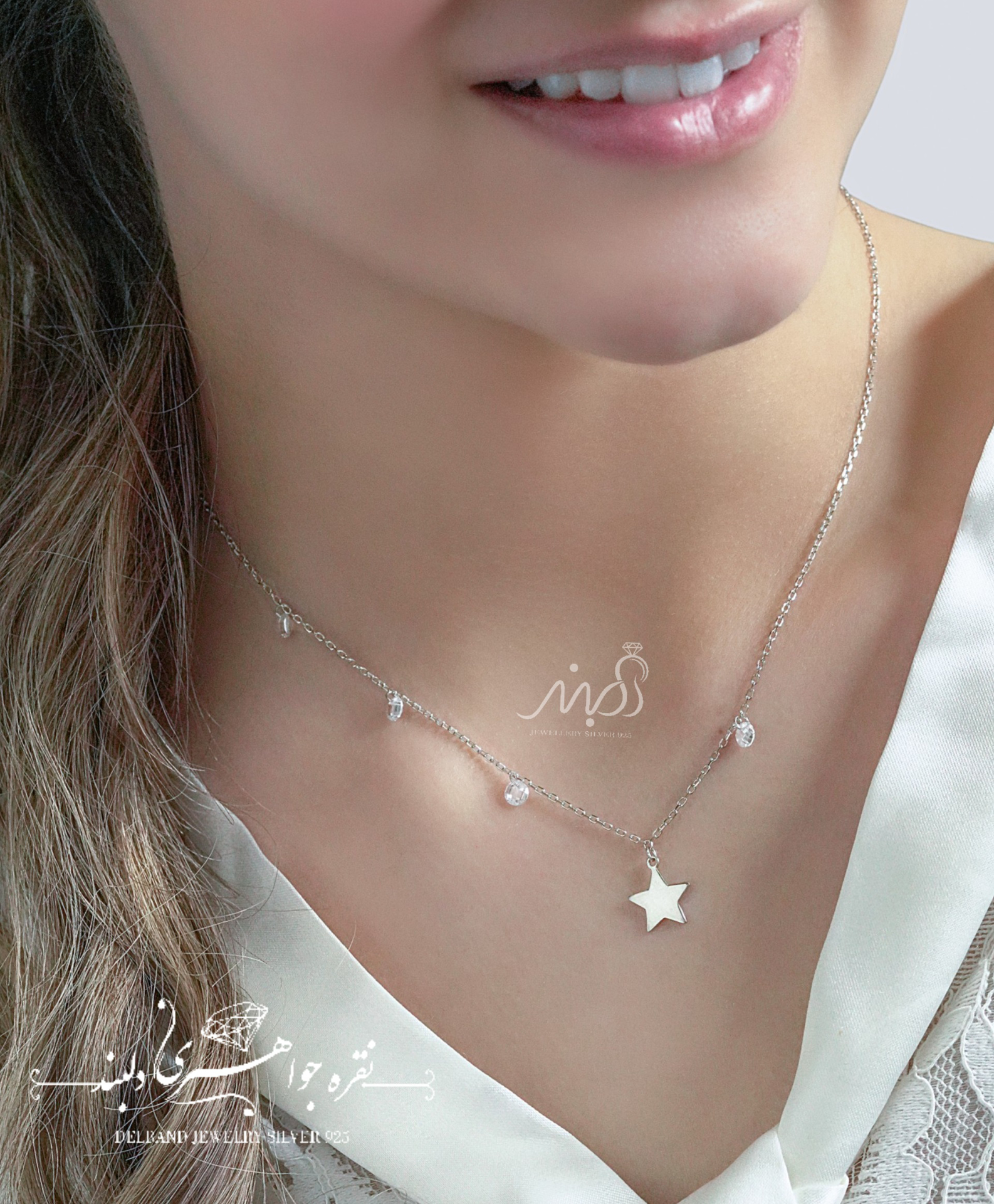 💍گردنبند طرح جواهر اسپرت طرح ستاره و کریستال ؛ با طراحی زیبا و ظریف نقره عیار ۹۲۵ با روکش طلا سفید‌‌‌‌‌‌‌(G_3067)