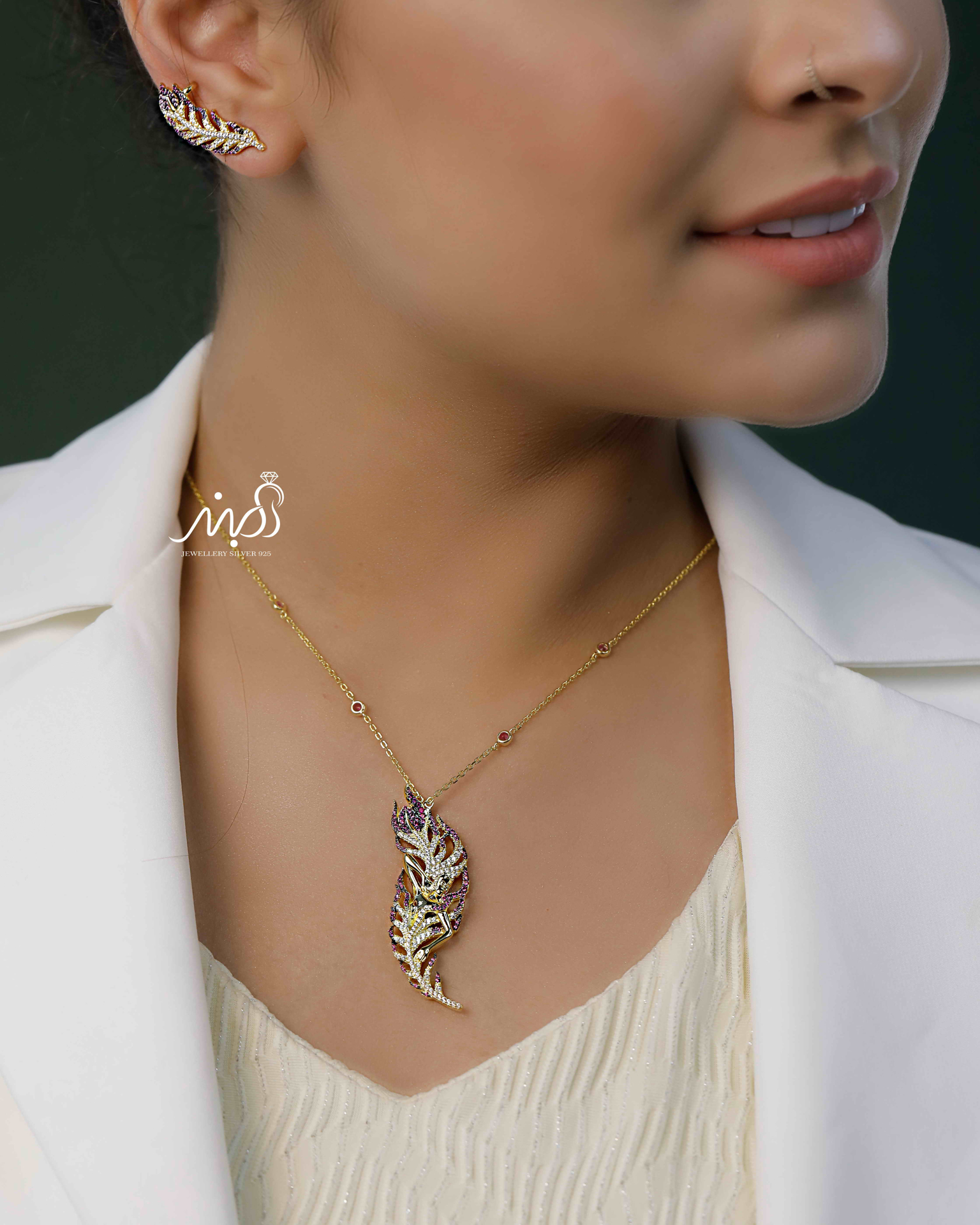 💍نیم ست جواهری لاكچري و خاص طلايي با نگين هاي بنفش، نقره عیار ۹۲۵(N_4202)